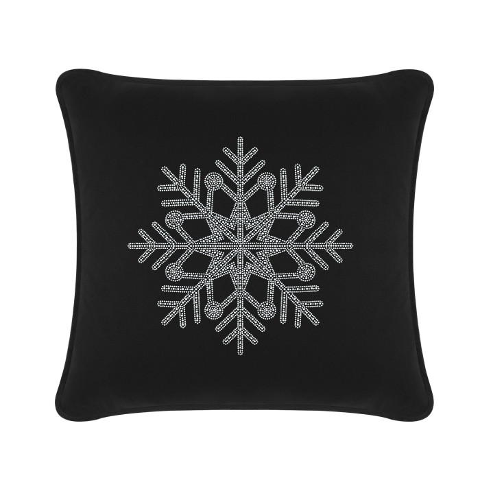 Black velvet pillow featuring a rhinestone snowflake design square shape with a smooth texture and shiny embellishments.