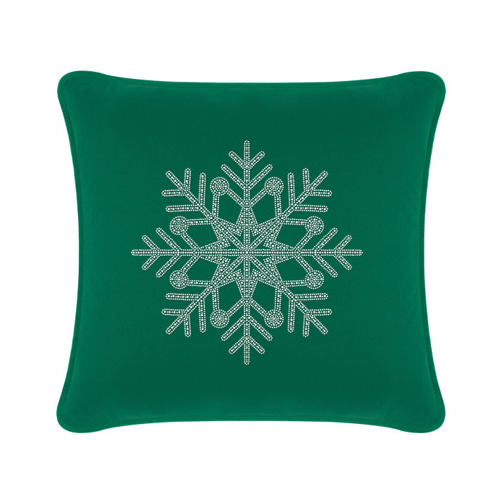 Emerald velvet pillow with a rhinestone snowflake design square shape and rounded corners measuring 20x20 inches.
