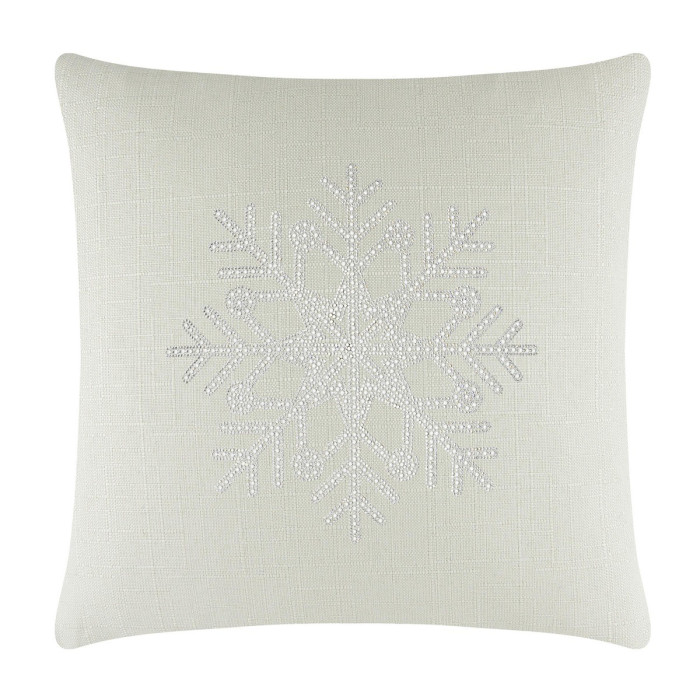 Square linen pillow in soft white with a textured surface and a rhinestone snowflake design in the center.