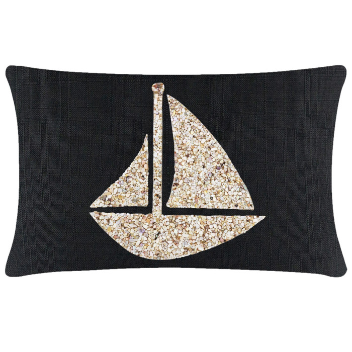 Black rectangular pillow featuring a seashell sailboat design in beige and cream textured fabric.