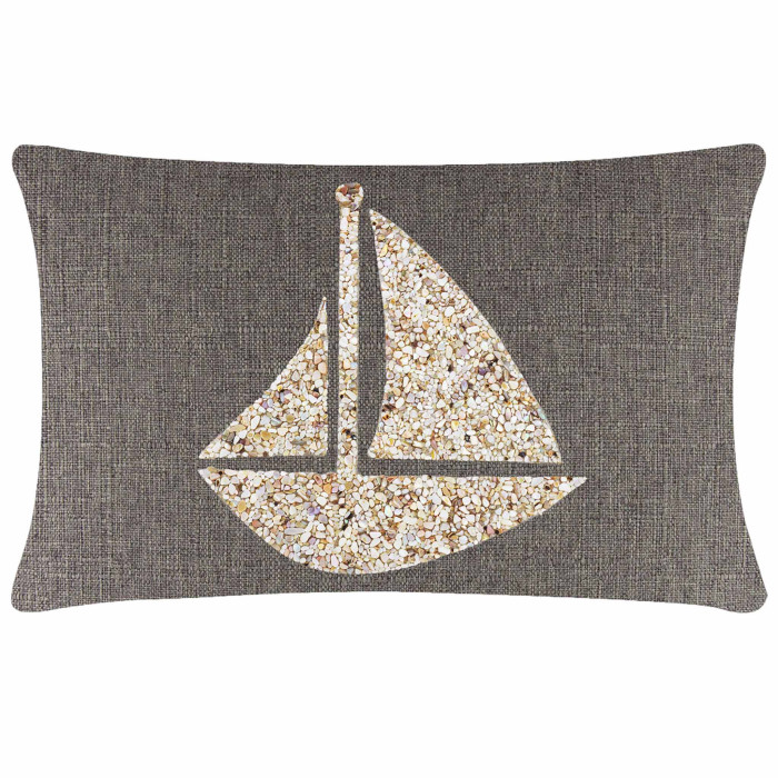Rectangular pillow with a textured dark gray fabric featuring a seashell sailboat design in cream and beige tones.