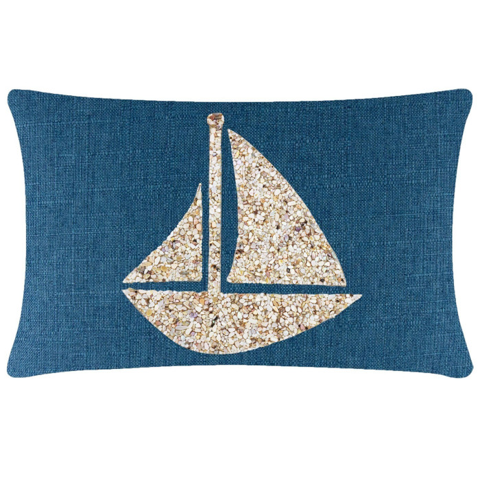 Rectangular pillow with a textured navy blue background and a seashell sailboat design in beige and cream tones.