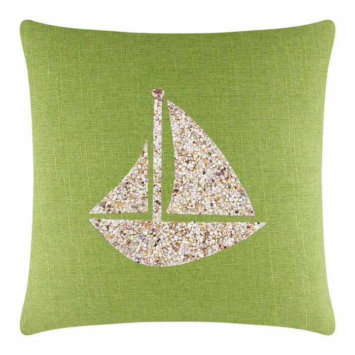 Lime green pillow with a textured fabric featuring a seashell sailboat design in beige and cream tones.