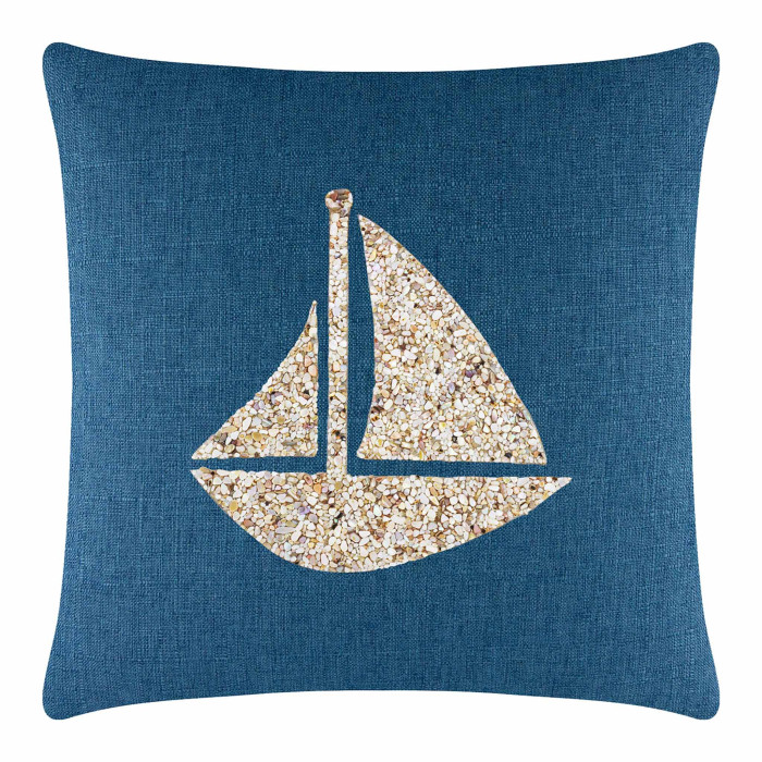 Square pillow with a dark teal woven fabric featuring a seashell sailboat design in beige and cream textures.