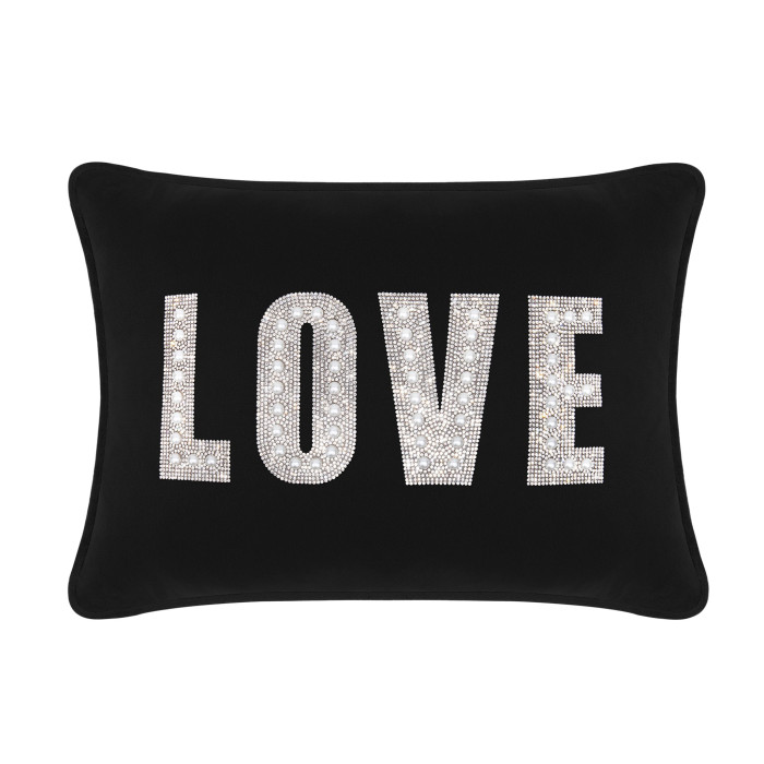 Black velvet pillow featuring large "LOVE" lettering embellished with rhinestones and faux pearls.