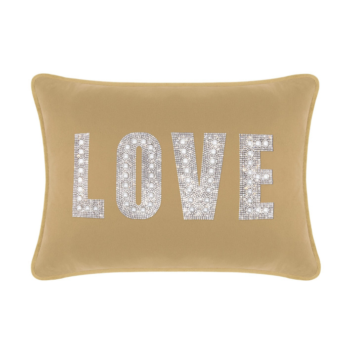 Champagne velvet pillow with rhinestone and faux pearl embellishments spelling "LOVE" in bold letters.