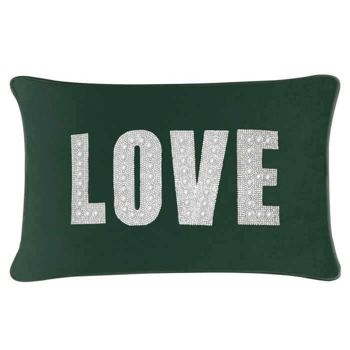 Emerald green velvet pillow with "LOVE" in rhinestones and faux pearls rectangular shape plush texture 14x20 inches.