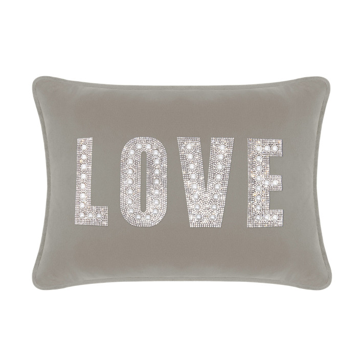Silver velvet rectangular pillow featuring "LOVE" embellished with rhinestones and faux pearls.