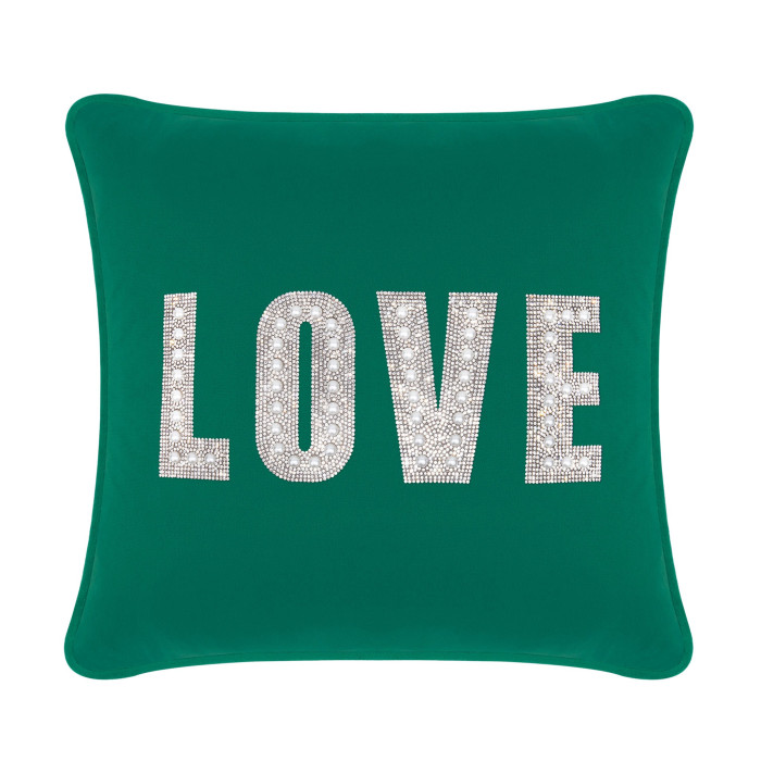 Emerald green velvet pillow with "LOVE" in rhinestones and faux pearls square shape plush texture 16x16 inches.