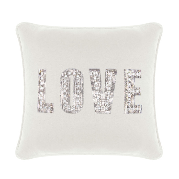 White velvet pillow featuring the word "LOVE" embellished with rhinestones and faux pearls square shape plush texture.