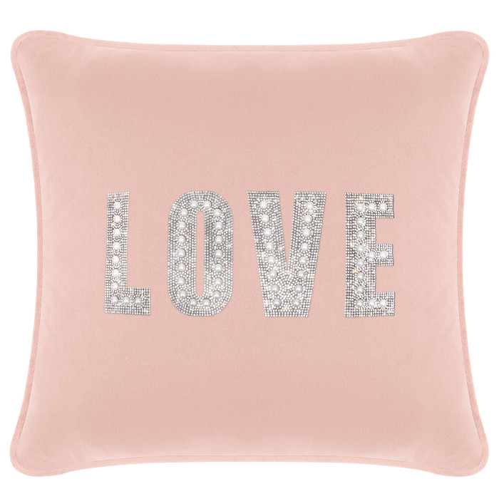 Blush velvet pillow with a rhinestone and faux pearl "LOVE" design square shape plush texture and piped edges.