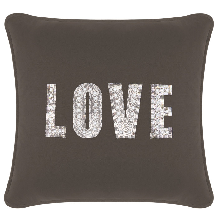 Charcoal velvet pillow with "LOVE" in rhinestones and faux pearls square shape plush texture piped edges.