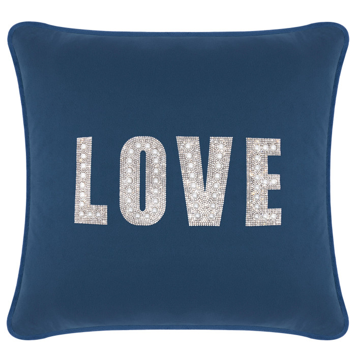 Navy velvet pillow featuring the word "LOVE" embellished with rhinestones and faux pearls square shape plush texture.