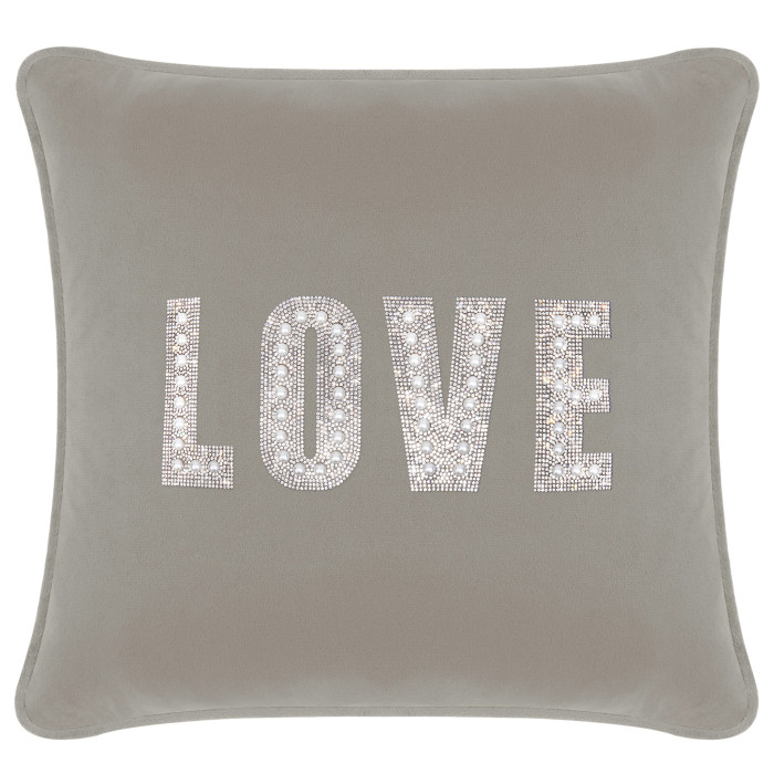 Square silver velvet pillow with "LOVE" in rhinestones and faux pearls featuring a piped edge and plush texture.