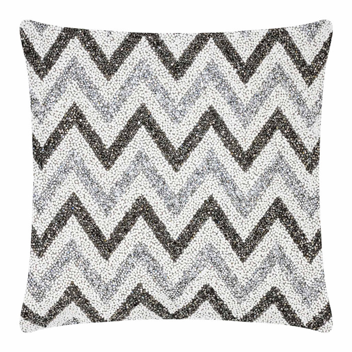 Square pillow featuring a white background with black and gray chevron pattern and sparkling resin rhinestones.