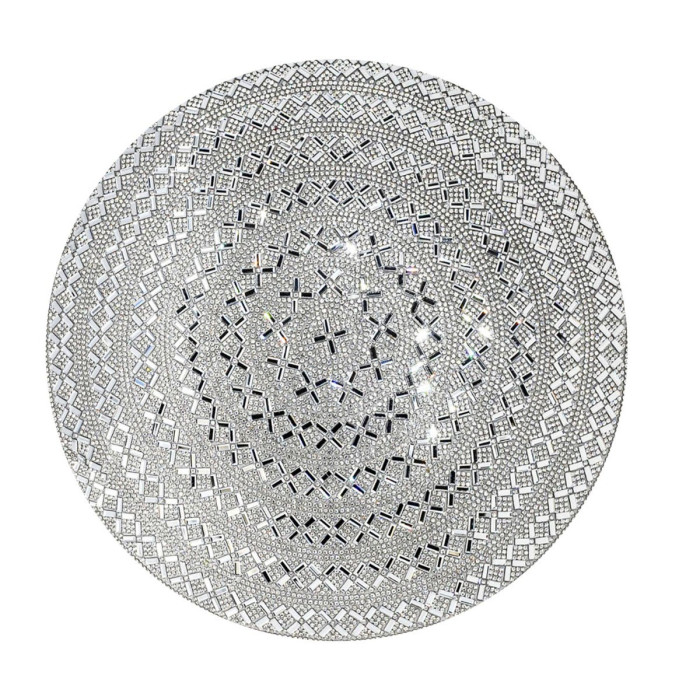 Round silver velvet pillow featuring intricate patterns of glass stones and a plush texture measuring 15 inches in diameter.