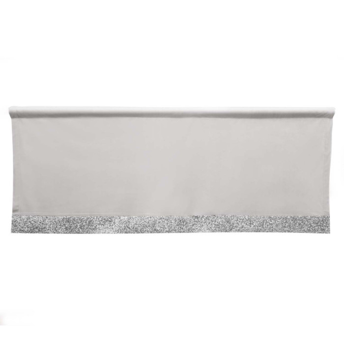 Gray velvet valance with a glittering silver rhinestone trim along the bottom edge measuring 18"x50".