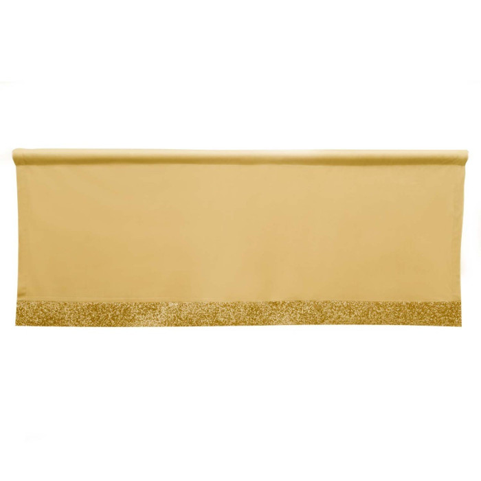 A gold velvet valance with a glittery gold rhinestone trim at the bottom measuring 18"x50".
