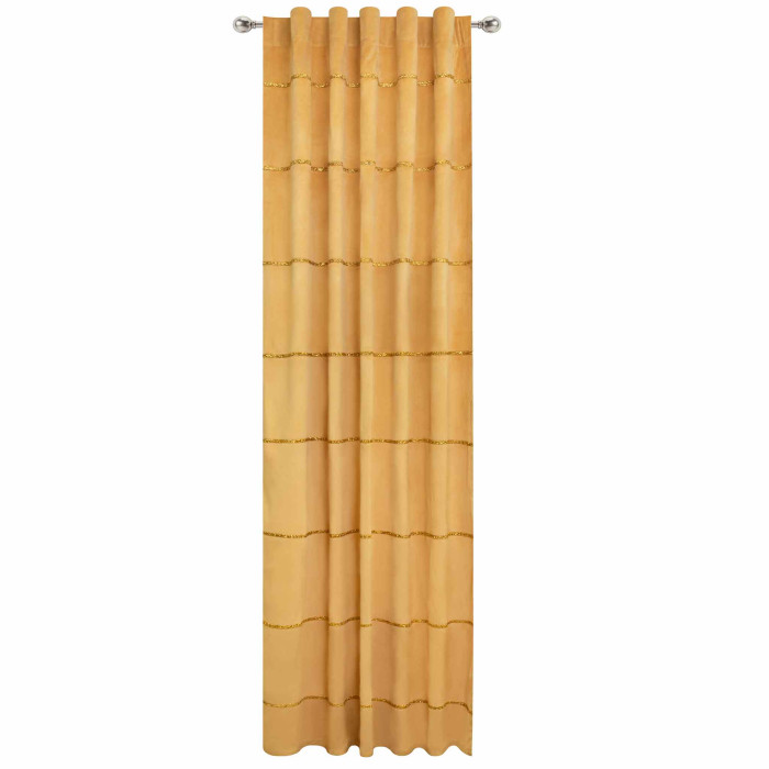 Gold velvet curtain panel with horizontal rhinestone embellishments gathered top and smooth texture measuring 84 inches in length.