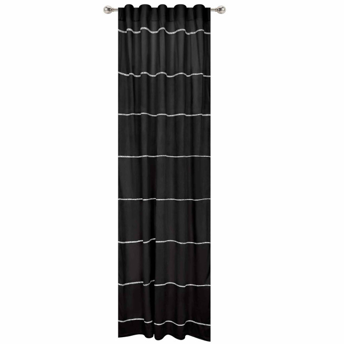 Black velvet curtain panel with horizontal rhinestone trim featuring a smooth texture and gathered top for hanging.