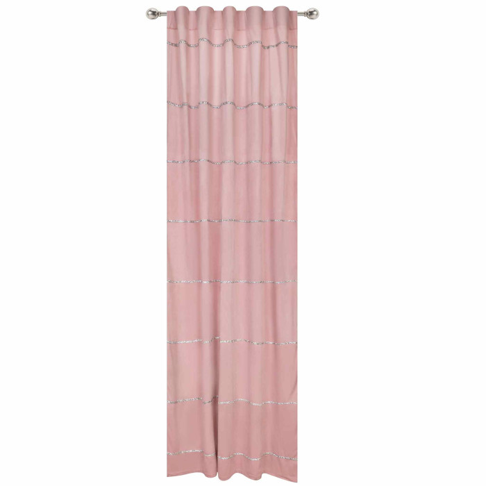 Blush velvet curtain panel with horizontal rhinestone trim and a gathered top measuring 96 inches in length.