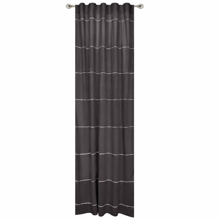 Black velvet curtain panel with horizontal rhinestone trim featuring a smooth texture and a flowing design.