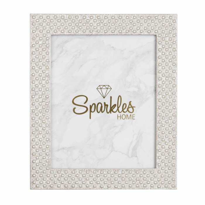 Silver picture frame with a pearl and glass rhinestone border showcasing a marble-patterned background inside.
