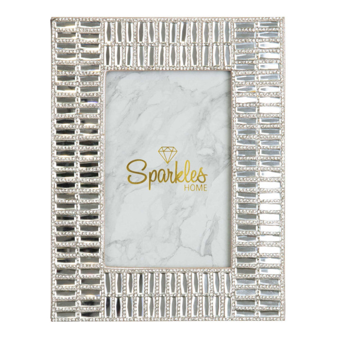 Rectangular silver picture frame with mirrored and rhinestone embellishments displaying a marble-patterned background.