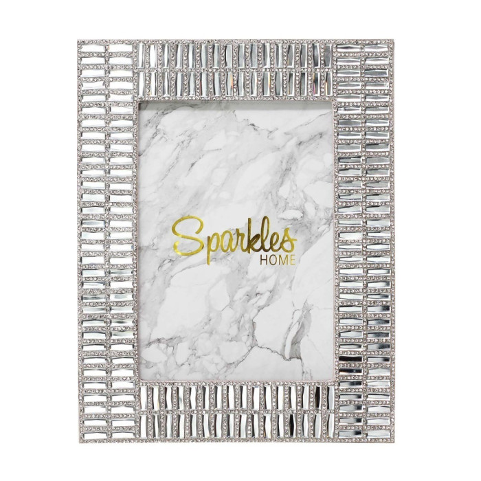 Silver rectangular picture frame with mirrored embellishments and rhinestone trim featuring a marble-patterned background.