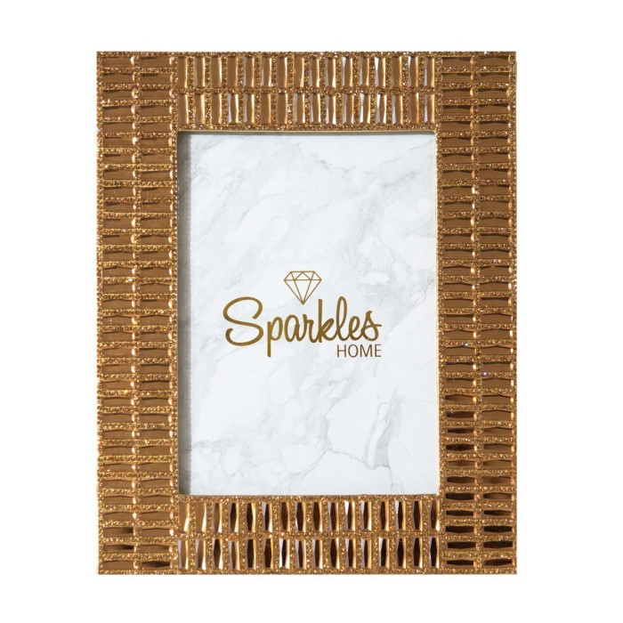 Gold picture frame with a textured surface crystal embellishments and a marble-patterned background for a 5x7 photo.