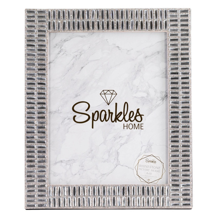 Silver rectangular picture frame with rhinestone embellishments and a marble-patterned background designed for 8x10 photos.