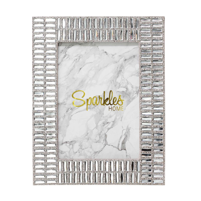 Silver rectangular picture frame with mirrored embellishments and rhinestone trim featuring a marble-patterned background.