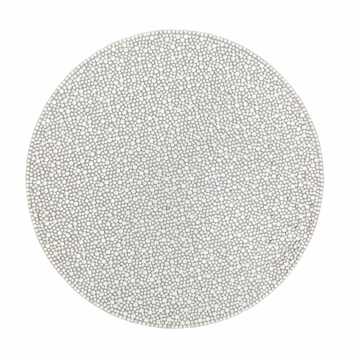 Round silver placemat featuring a textured surface adorned with small glass rhinestones arranged closely together.