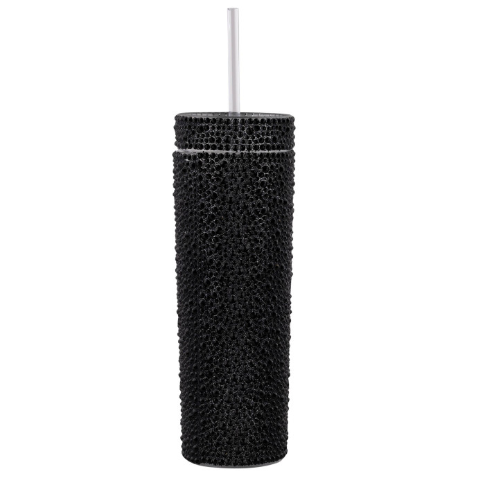 Black tumbler covered in black rhinestones with a clear straw and a smooth cylindrical shape.