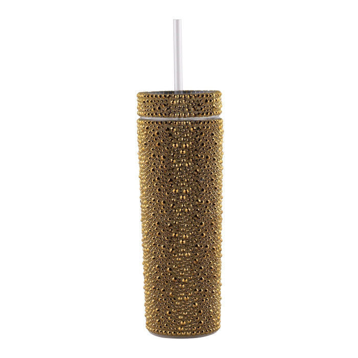 A gold tumbler covered in rhinestones with a clear straw cylindrical shape and textured surface.
