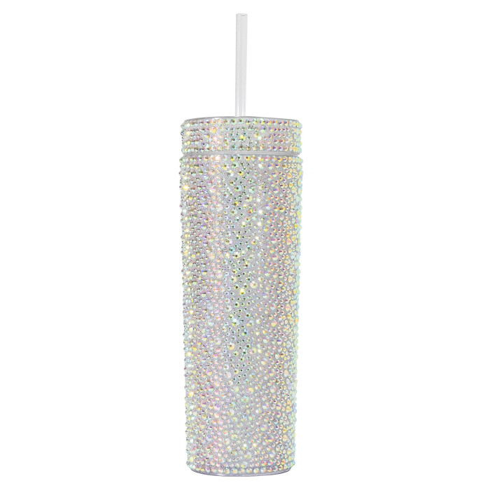 Silver iridescent tumbler covered in rhinestones with a white straw cylindrical shape and smooth texture.
