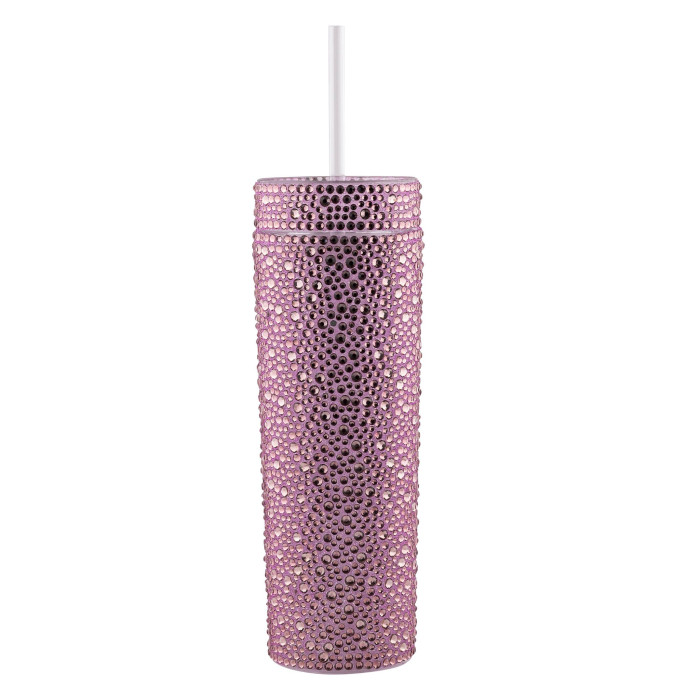 Lavender tumbler covered in rhinestones with a white straw cylindrical shape and smooth glossy finish.