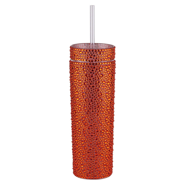Orange rhinestone-encrusted tumbler with a clear straw cylindrical shape and textured surface.