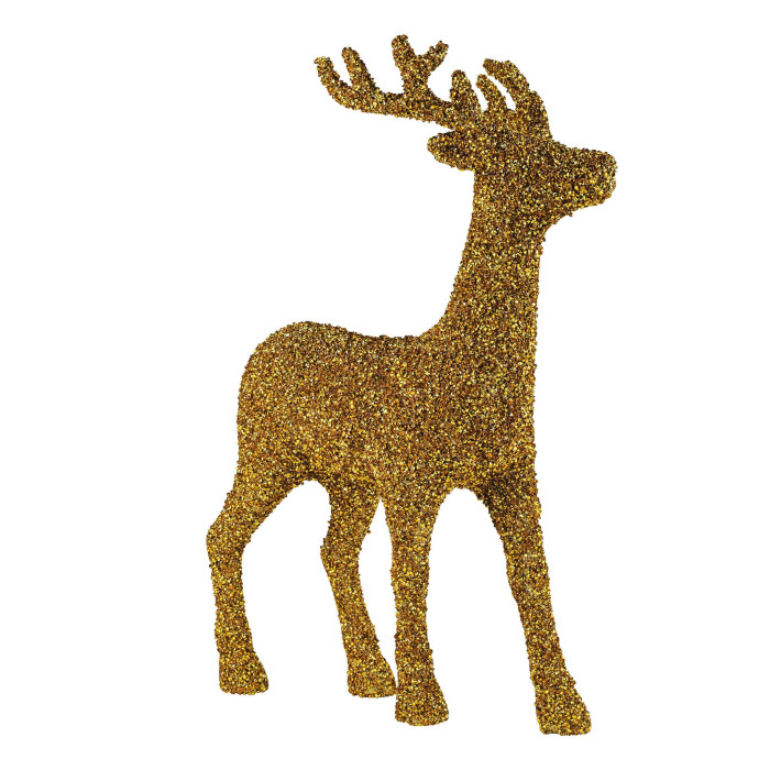 Gold reindeer statue covered in rhinestones featuring a standing pose with antlers and a textured glitter finish.