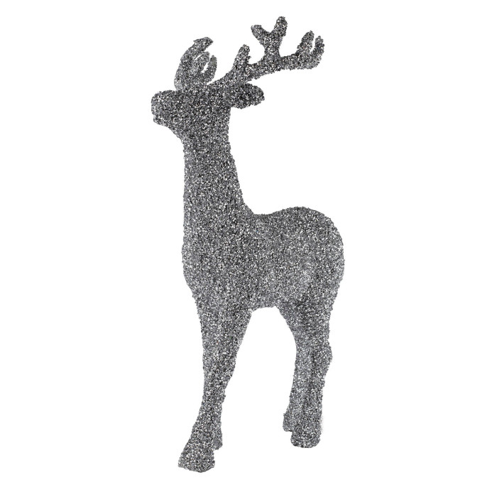 Silver reindeer statue covered in rhinestones featuring a standing pose with antlers and a textured glittery surface.