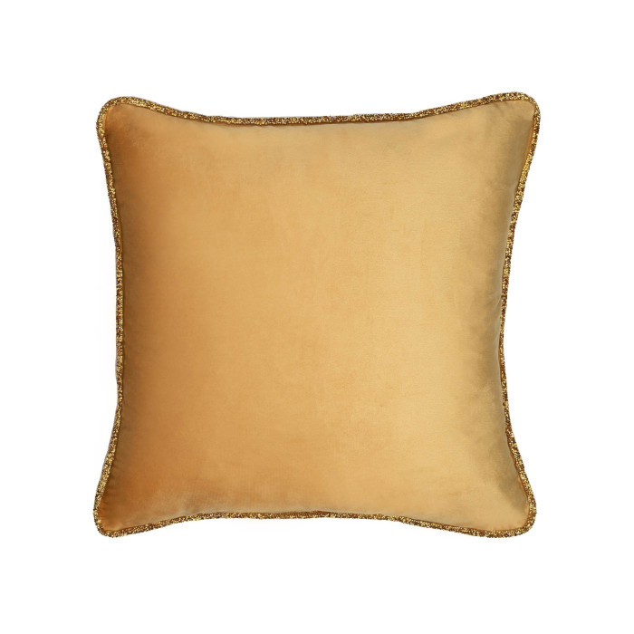 Gold velvet pillow with a sparkling rhinestone trim along the edges square shape plush texture.