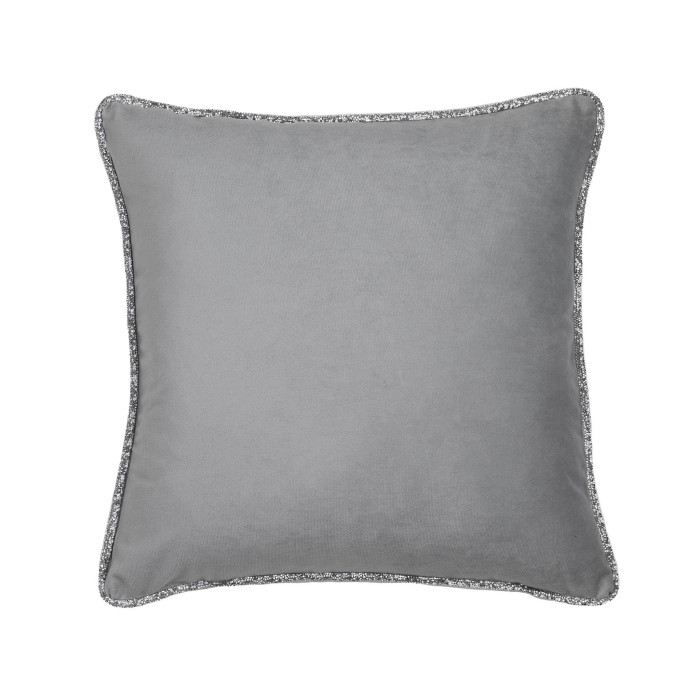 Square silver velvet pillow with a sparkling rhinestone trim along the edges.