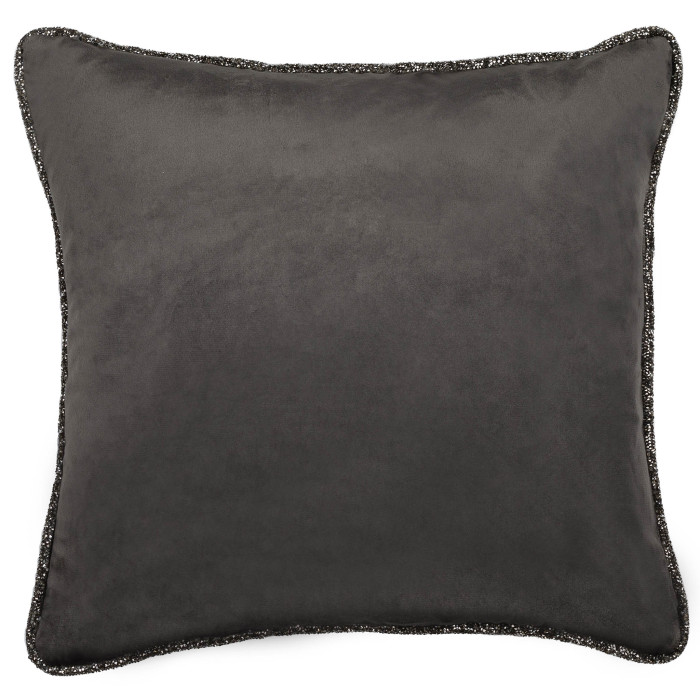 Charcoal velvet pillow with a plush texture and sparkling rhinestone trim along the edges.