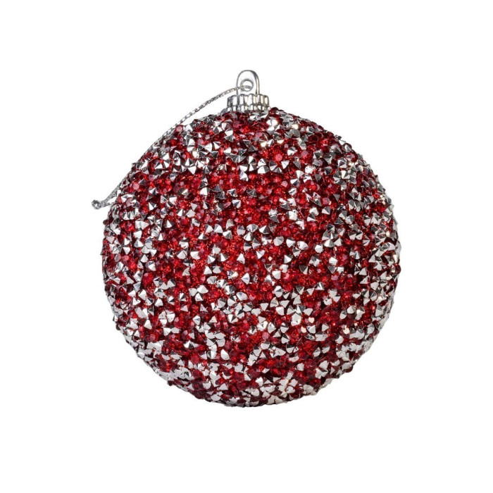Red glass ornament covered in sparkling red and silver rhinestones round shape with a silver top and hanging loop.