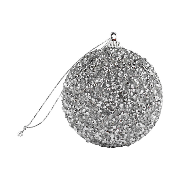 Silver glass ornament 3 inches in diameter covered in rhinestones with a metallic cap and a silver hanging string.
