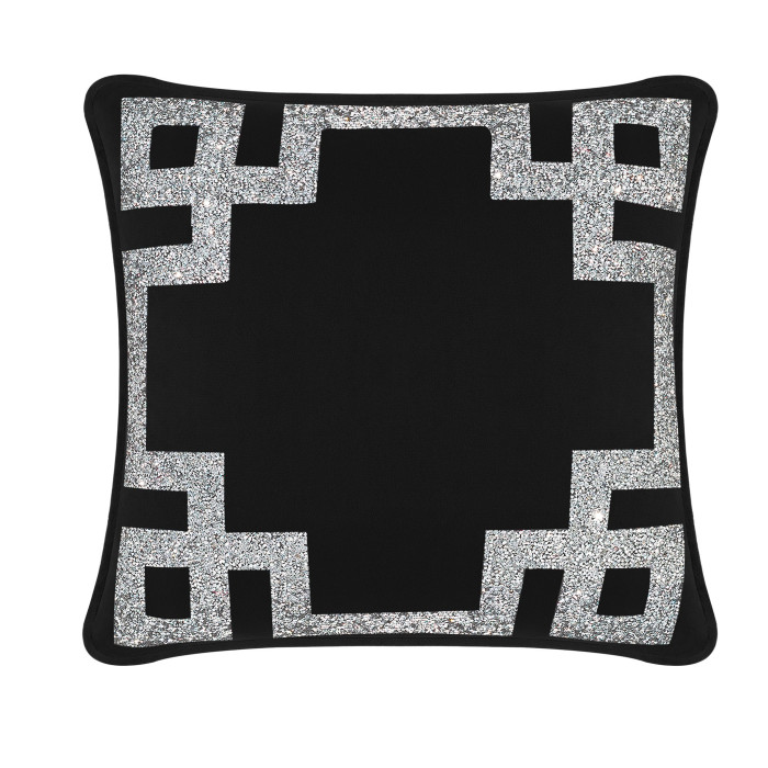 Black velvet pillow featuring a silver rhinestone Greek Key border square shape with a smooth texture and 16"x16" size.