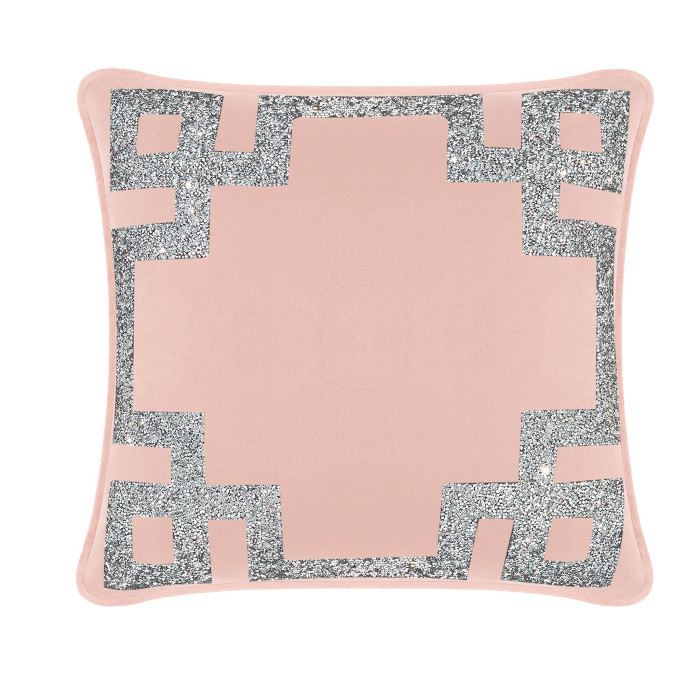 Blush velvet pillow with silver rhinestone Greek Key border square shape 16"x16" size soft texture.