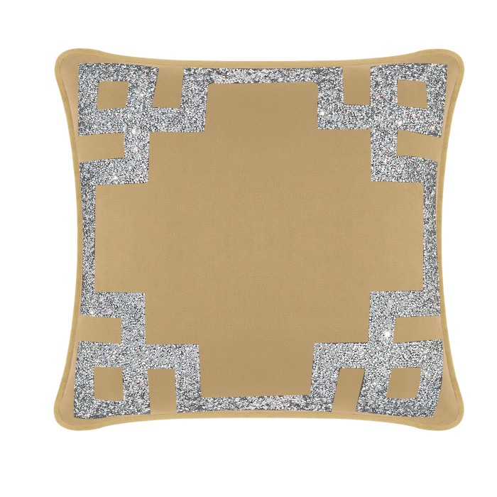 Champagne velvet pillow with silver rhinestone Greek Key border soft texture 16"x16" square shape.