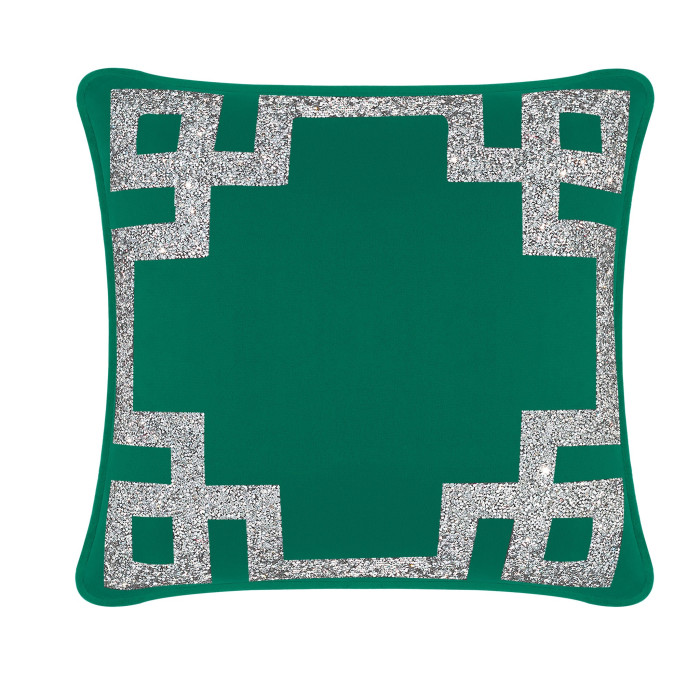 Emerald green velvet pillow featuring a silver rhinestone Greek Key border square shape and soft texture 16"x16" size.