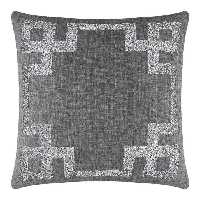 Gray pillow with a textured fabric featuring a silver rhinestone Greek Key border.